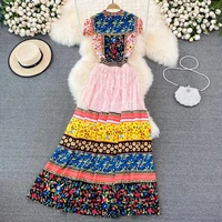 summer fashion runway holiday long dress womens flying sleeve chic floral print elegant lace stitching party vestido m5419