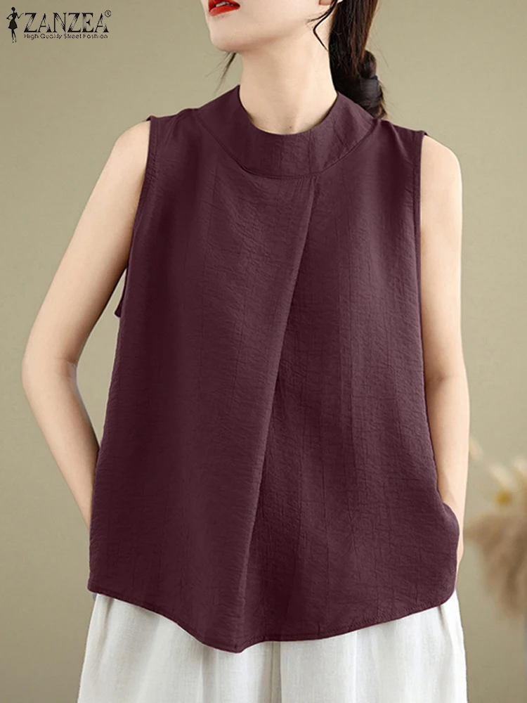 Модные женские майки топы ZANZEA летняя однотонная блузка без рукавов винтажная