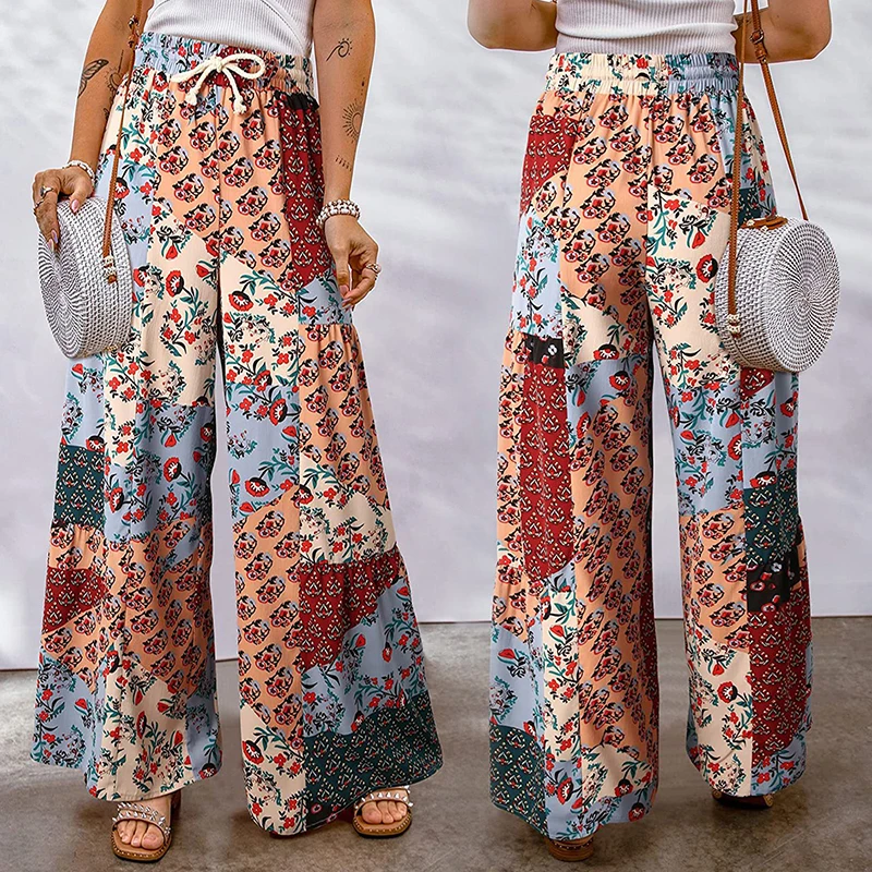

Printed Straight Elastic Waist Pants Women Vintage Boho Floral Casual Wide Leg Pants Female Oversized Summer Cool Custom Trouser