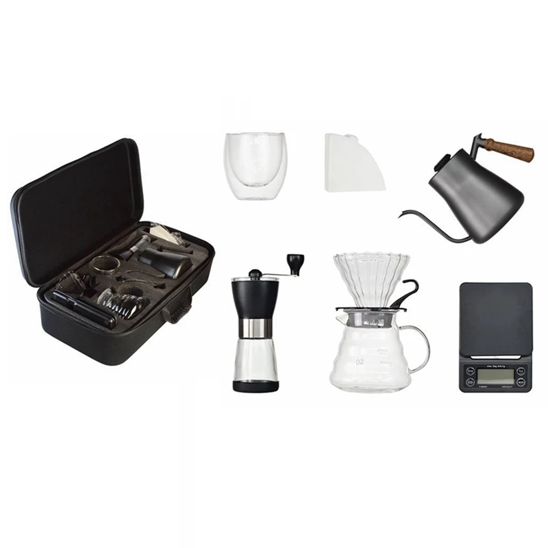 Travel Hand Coffee Pot Pour Over Maker Set Kettle Dripping Cup Portable Bean Grinder Filter Paper 8 In1