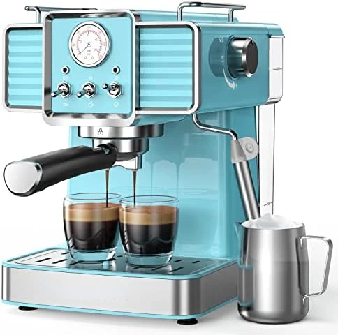 

Espresso Machine with Milk Frother, 15 Pump Professional Cappuccino and Latte Machine, 1.5L Removable Water Tank, Retro Blue, 1