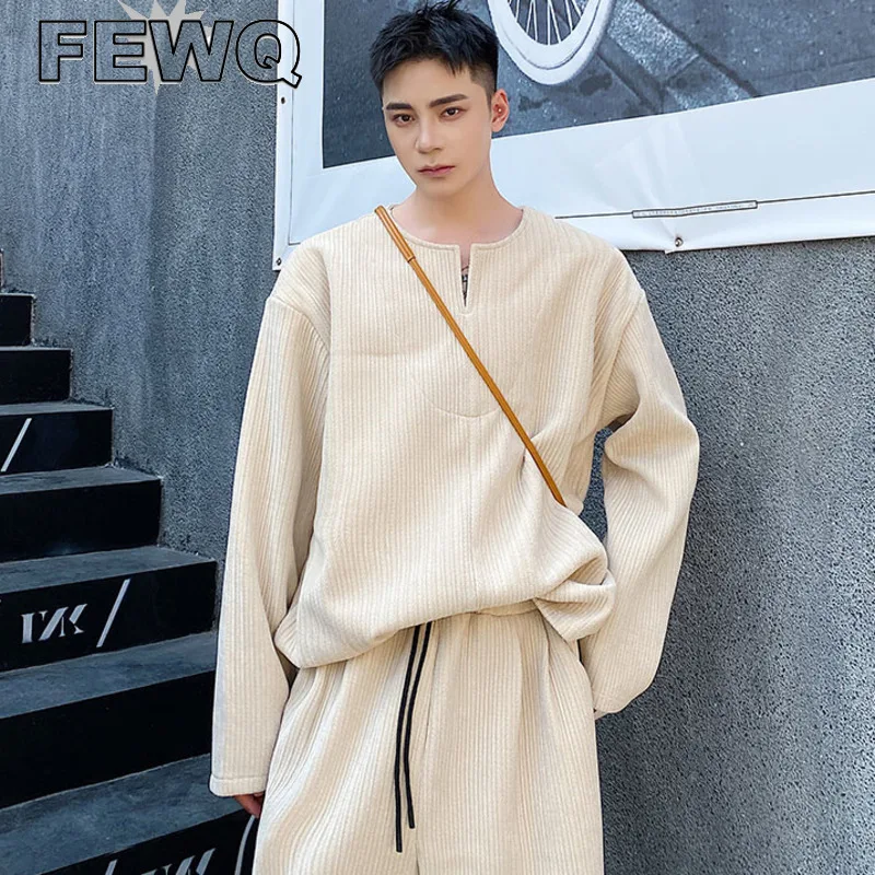 

Мужская толстовка из синели FEWQ, утепленный жаккардовый свитшот с разрезом и круглым воротником, Модный корейский тренд, пуловер большого ра...