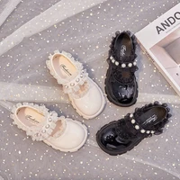children mary jane 2022 girls spring autumn new round toe glossy kids fashion shallow leather shoes lace pearls non slip beige