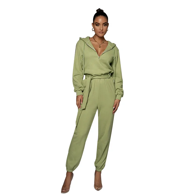 

Long Sleeve Jumpsuit Women Autumn Winter Belt Hoodies Outfit Warm Streetwear High Waist Romper Elegant Ladies Casual Playsuit
