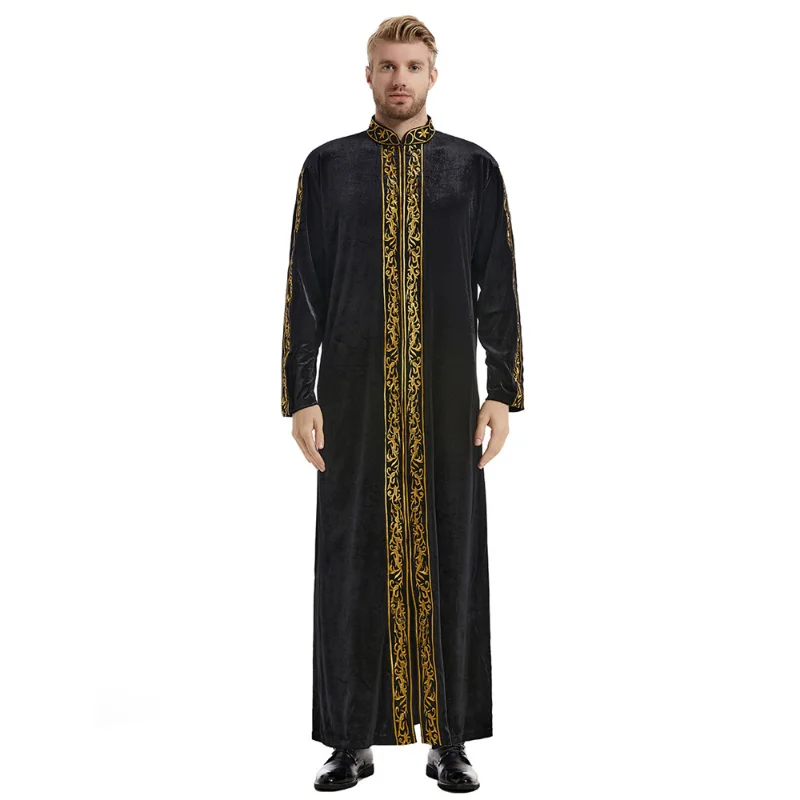 Men Jubba Thobe Saudi Arabia Islam Clothing Velvet Embroidery Long Sleeve Zipper Abaya Muslim Fashion Kaftan Muslim Men Clothing