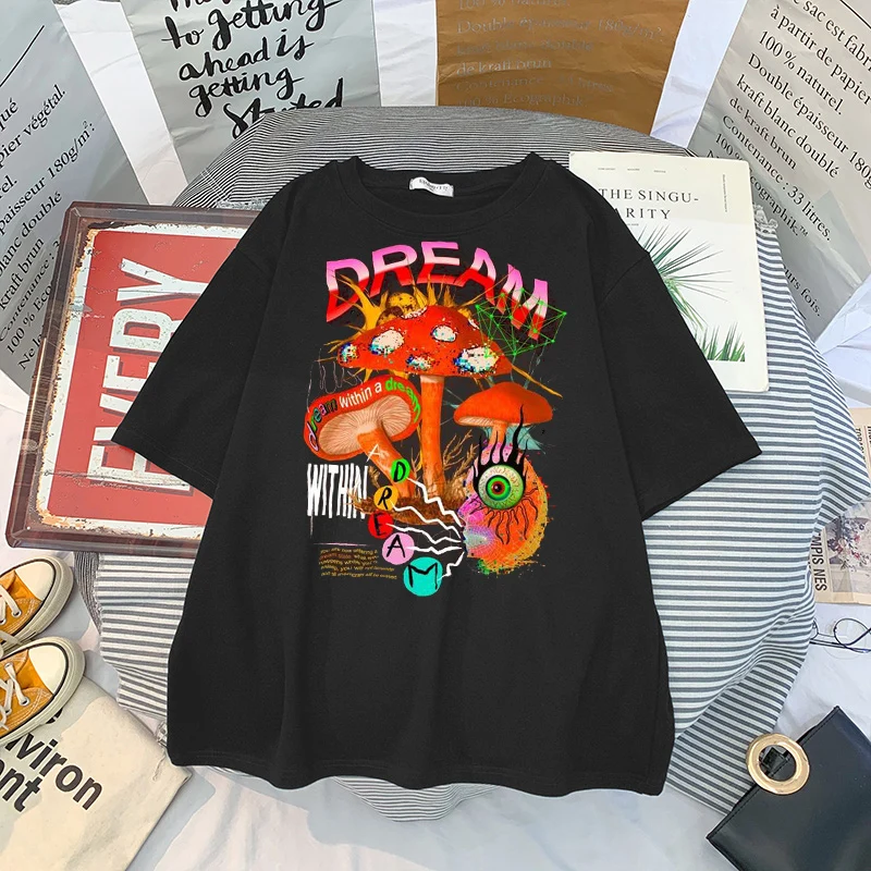 

Забавная кавайная футболка с принтом в виде грибов, женская летняя модная футболка в стиле Харадзюку, топы, базовая черная футболка с круглы...