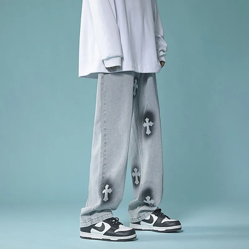 Men's Denim Pants Fashion Loose Wide Leg Jeans Casual Streetwear Printed Cross Trousers Oversize Pants Baggy Men Jeans