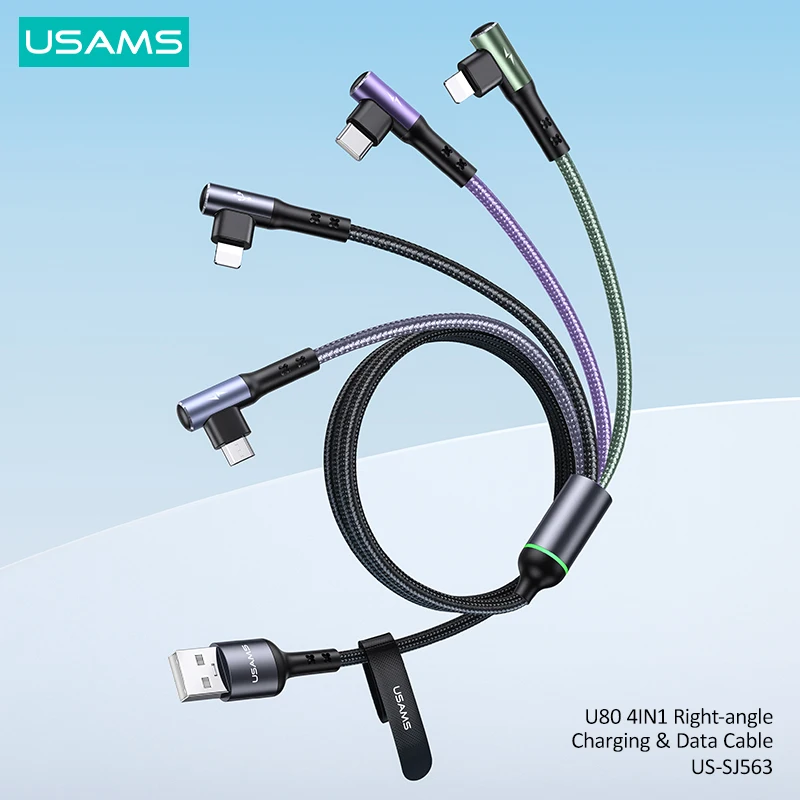 

USAMS U80 4 In 1 Fast Charge Elbow Cable For Game Type C Micro USB Lightning Cable For Macbook iPhone Xiaomi Huawei Data Cable
