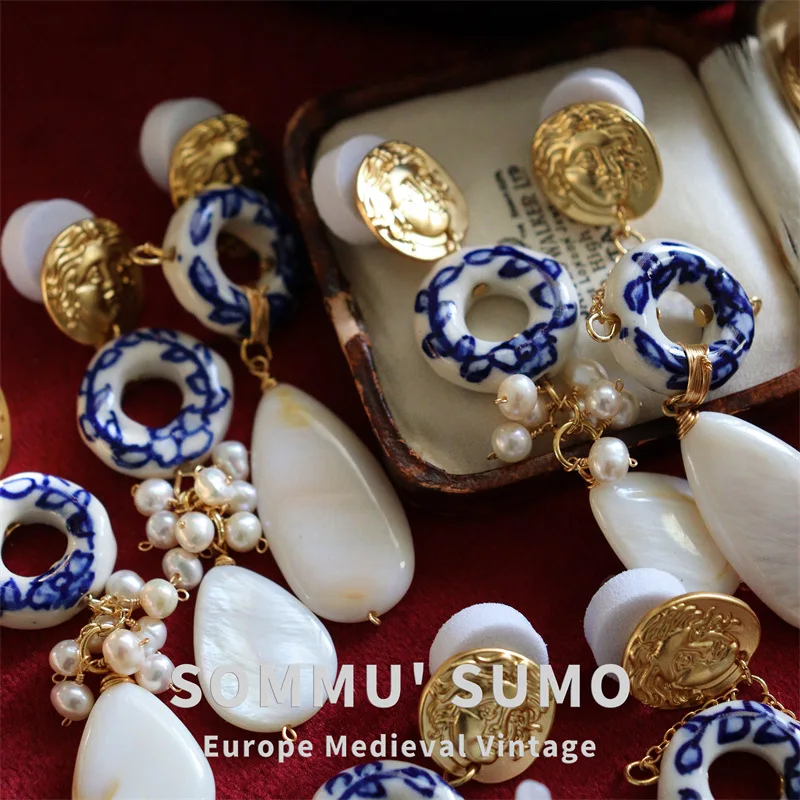 Ретро нишевые керамические древние римские монеты женские серьги с натуральным