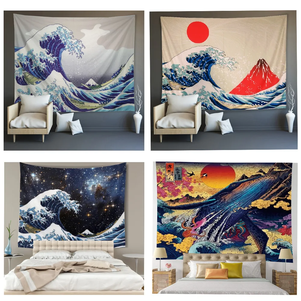 

Japan Kanagawa Boho Tapestry Gold Sun Blue Waves Home Decor Wall Hanging Decorations Living Room College Dorm Yoga 200x150 cm