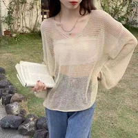 hollow out knitted sweater for women spring thin baggy sexy korean full sleeves jumpers tops chic femme pullovers y2k sweater