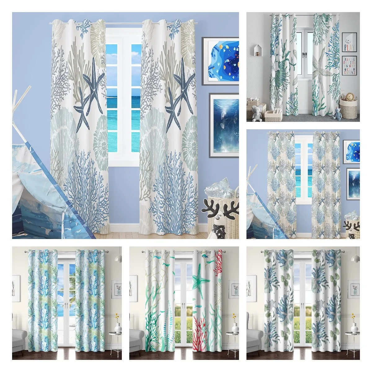 

Coastal Window Curtains Grommet Drapes Nautical Beach Ocean Curtain for Living Room Starfish Seaweed Children's Room Curtains