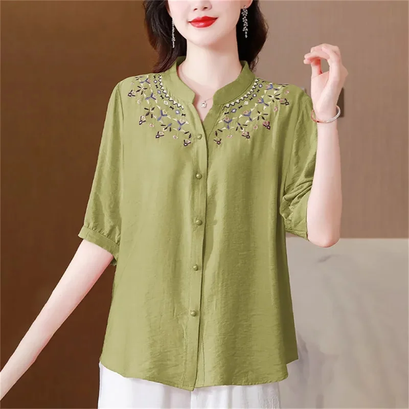 

Fashion Large Embroidered Cotton Hemp Top Women's Short Sleeve Summer T-Shirt Female Fashiona Shirt Loose Sky Silk Shirt Button