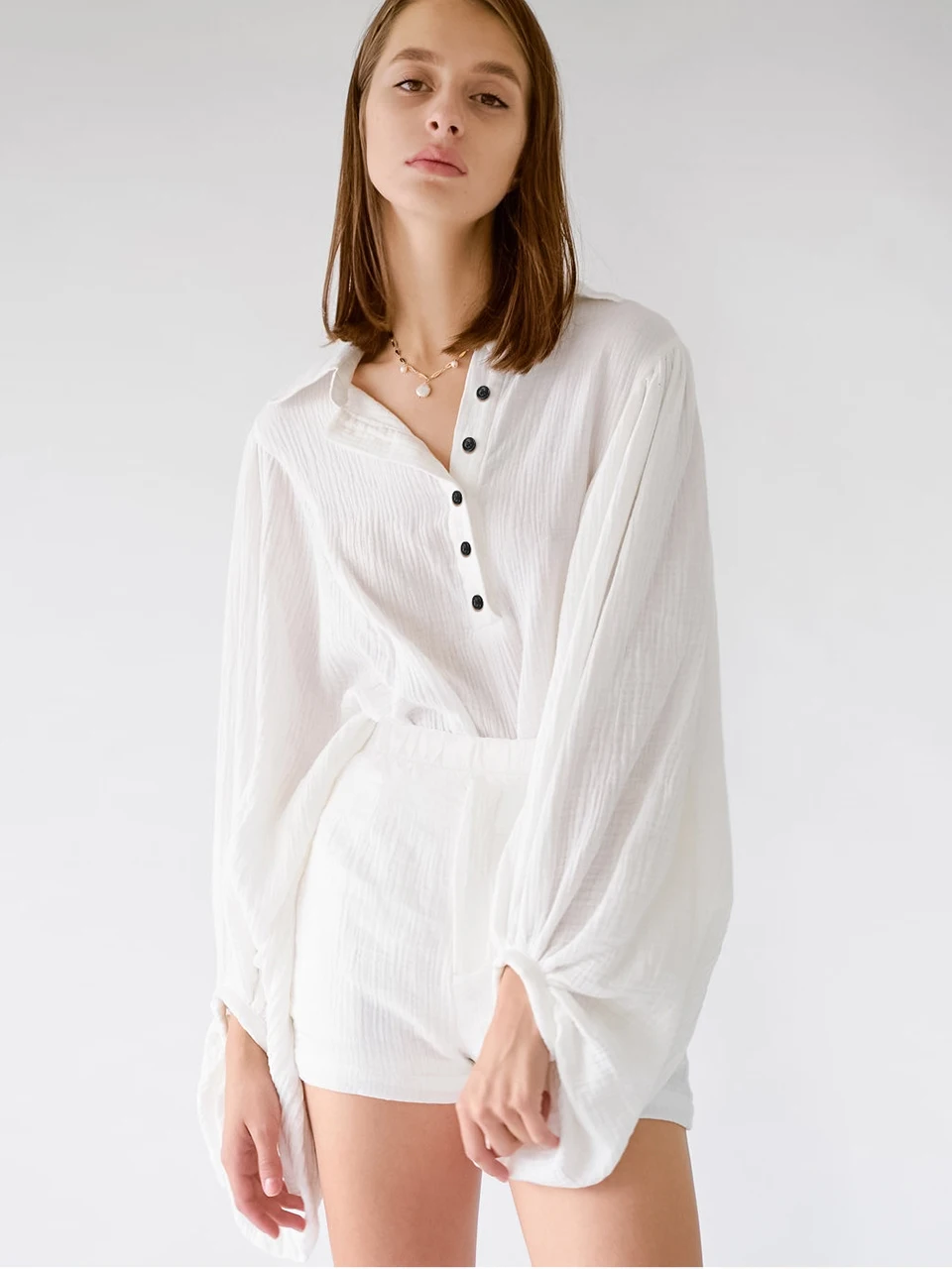 

Linad Puff Sleeves Suits With Shorts Single Breasted Pajamas For Women Home Wear 100% Cotton Nightwear Set Woman 2 Pieces Pajama