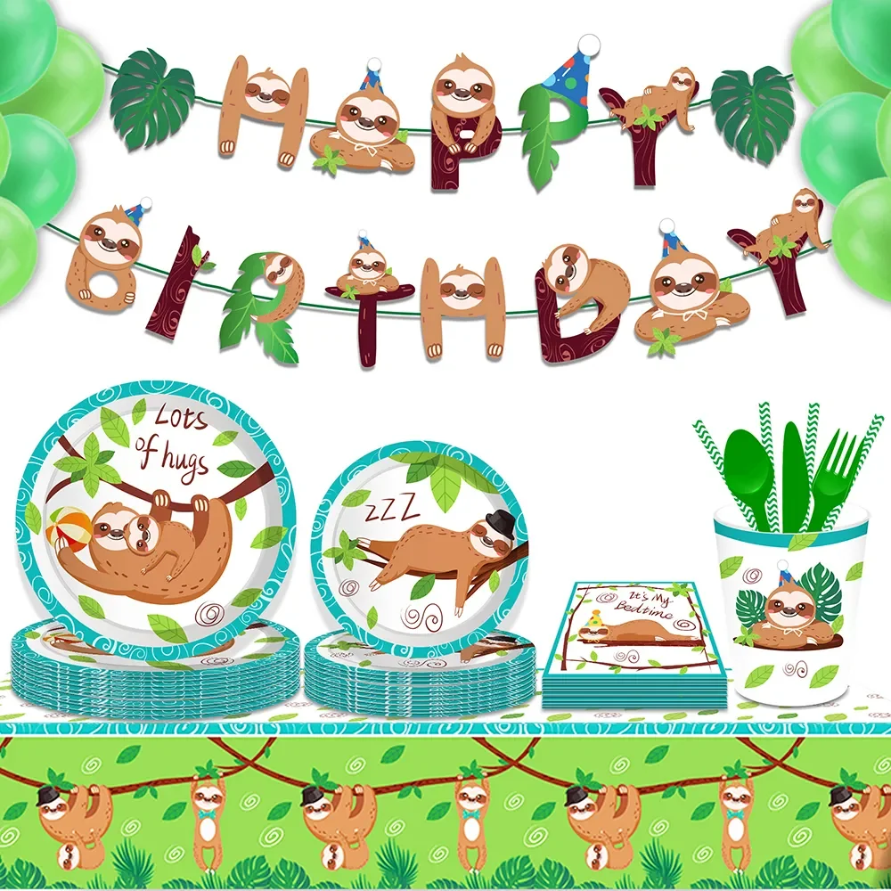 

Cartoon Animals Sloth Jungle Birthday Party Disposable Tableware Sets Banner Backdrops Wild ONE Baby Shower Party Decorations
