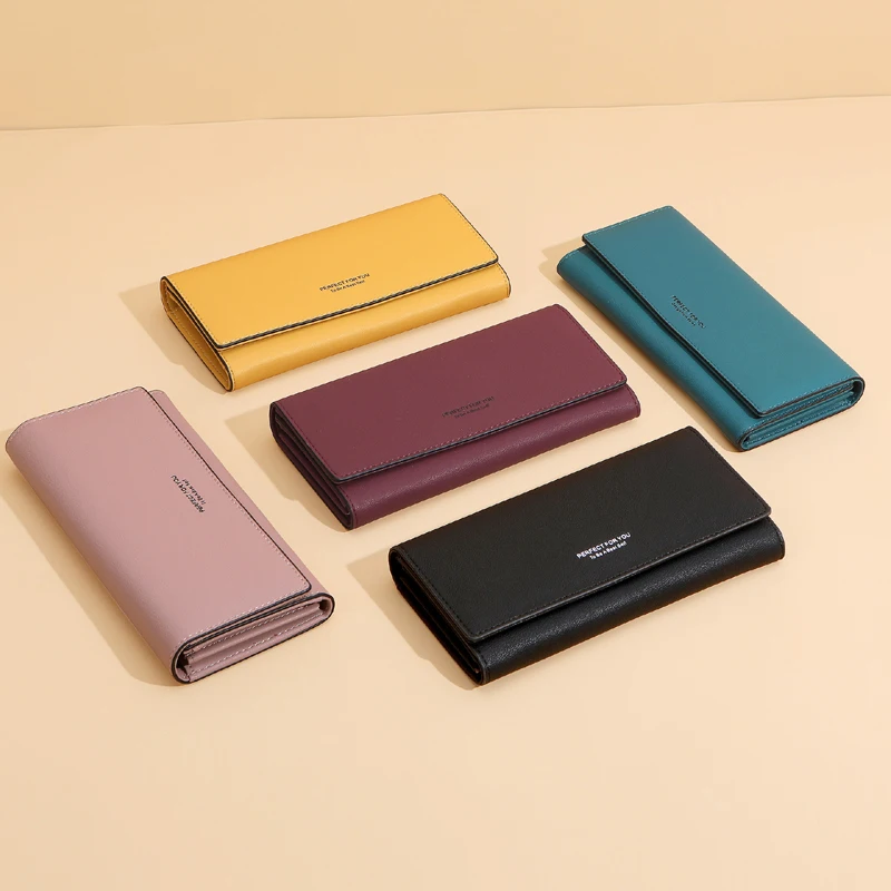 Aliwood New Simple Women Leather Wallet Designer Clutch Female Long Wallets Ladies Purses Strap Money Clip Card Holder Carteras