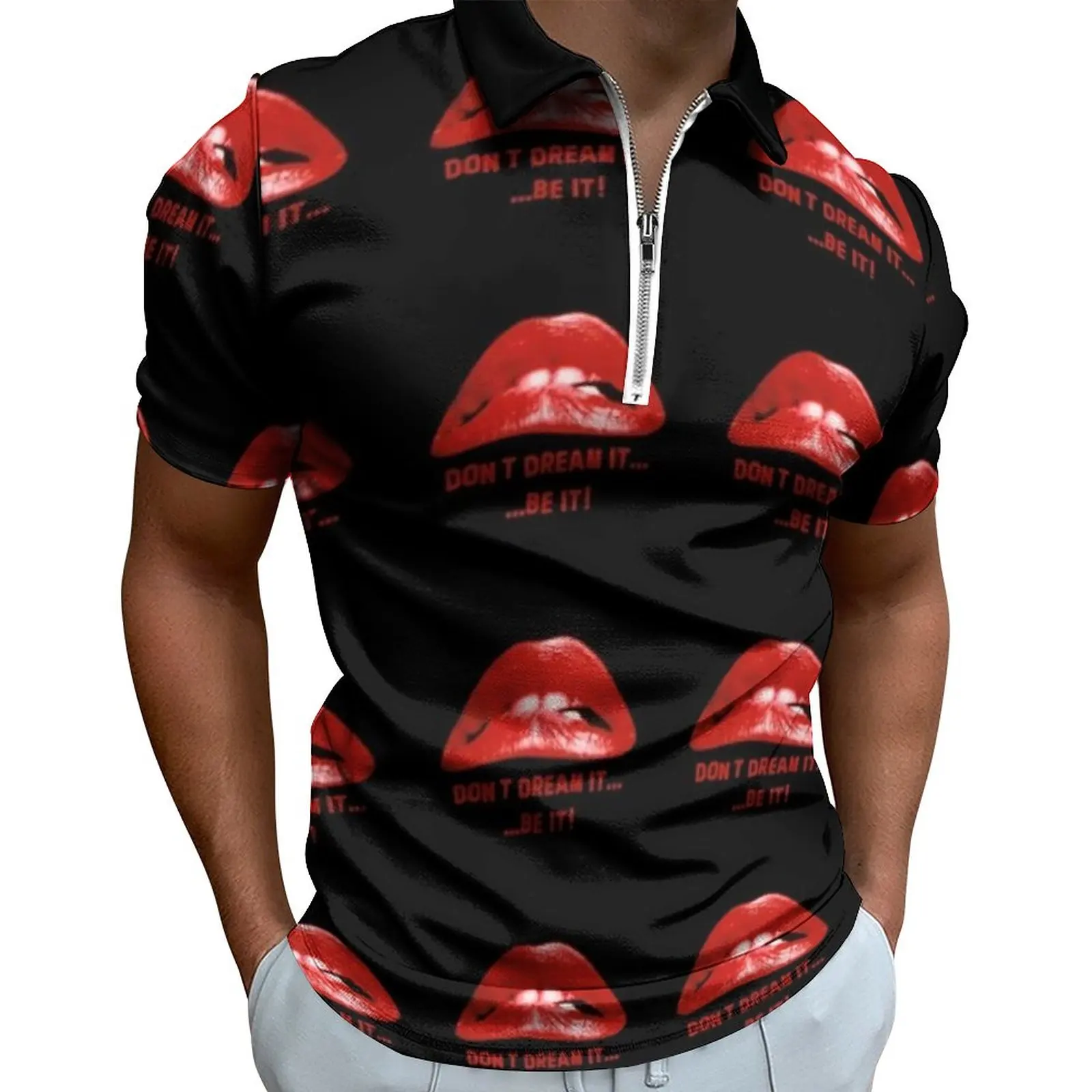 

Рубашка-поло мужская с принтом губ, повседневная майка на молнии, с коротким рукавом, в стиле оверсайз, Повседневная Уличная одежда