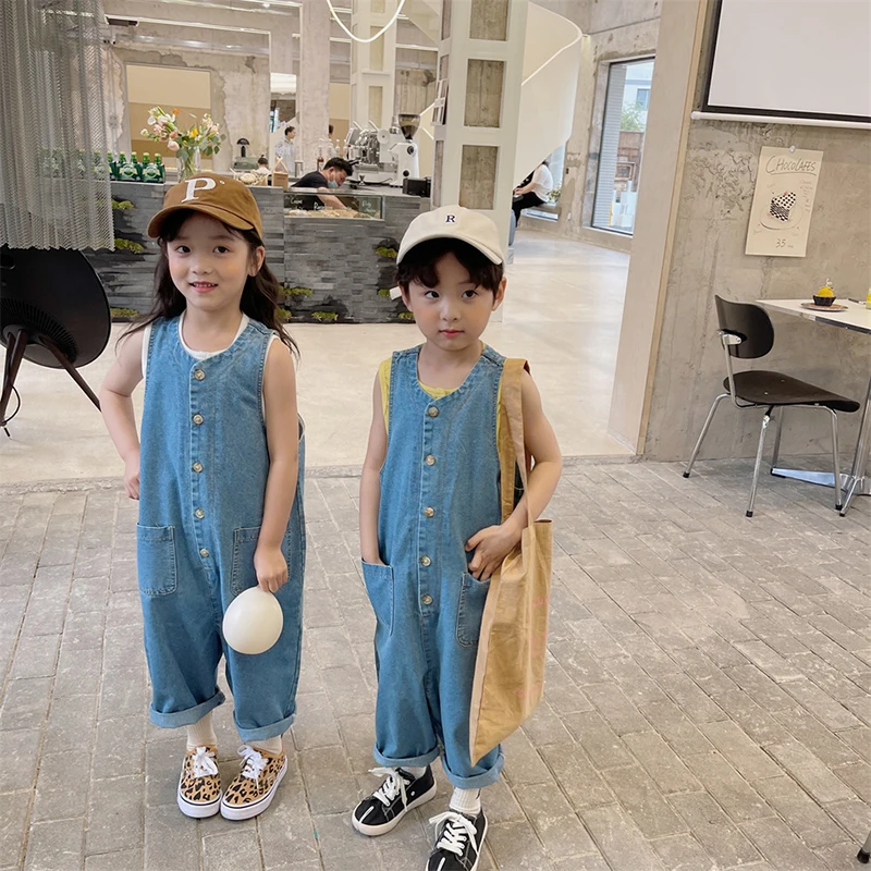 

HAYANA 2022 New Kids Pants Blue Casual Jumpsuits Rompers Children Button Overalls Outfits For Girls 2-7Y