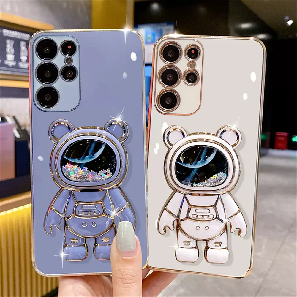 

Shiny Glitter Quicksand Astronaut Phone Case For Samsung S20 FE S21 Plus S22 Ultra Note 20 S23 Electroplate Stand Holder Cover