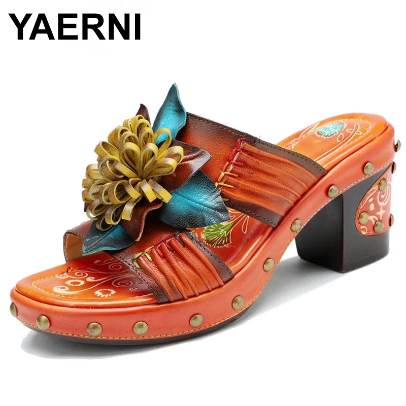

Винтажные туфли из овчины ручной работы с цветами ностальгические женские тапочки на высоком каблуке Летняя женская обувь кожаные женские сандалии