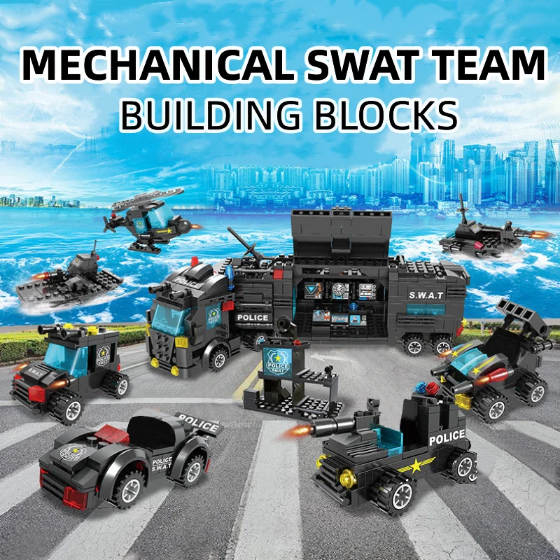 

Building Blocks SWAT Team Mechanical Police Car Robot Small Assembled Colorful Bricks Model Toys For Children Birthday Gifts