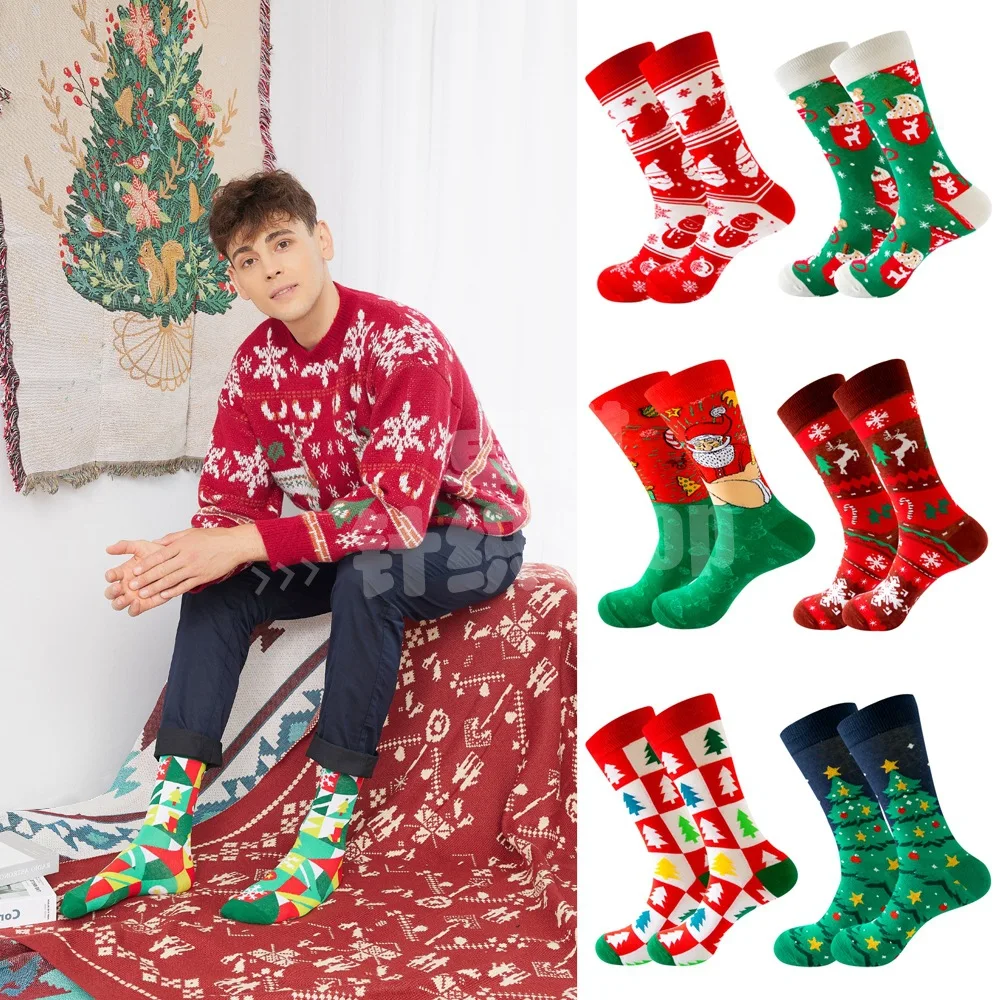 

2023 New Santa Elk Tide Socks Christmas Tree Geometric Pattern Women Stockings Winter Warm Cotton Snowflake Floor Socks