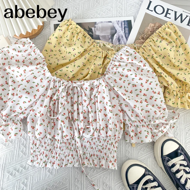 

Sweet square collar short sleeve Shirt lace up bow floral print high waist pleated short Shirt Top 2022 New Spring Autumn