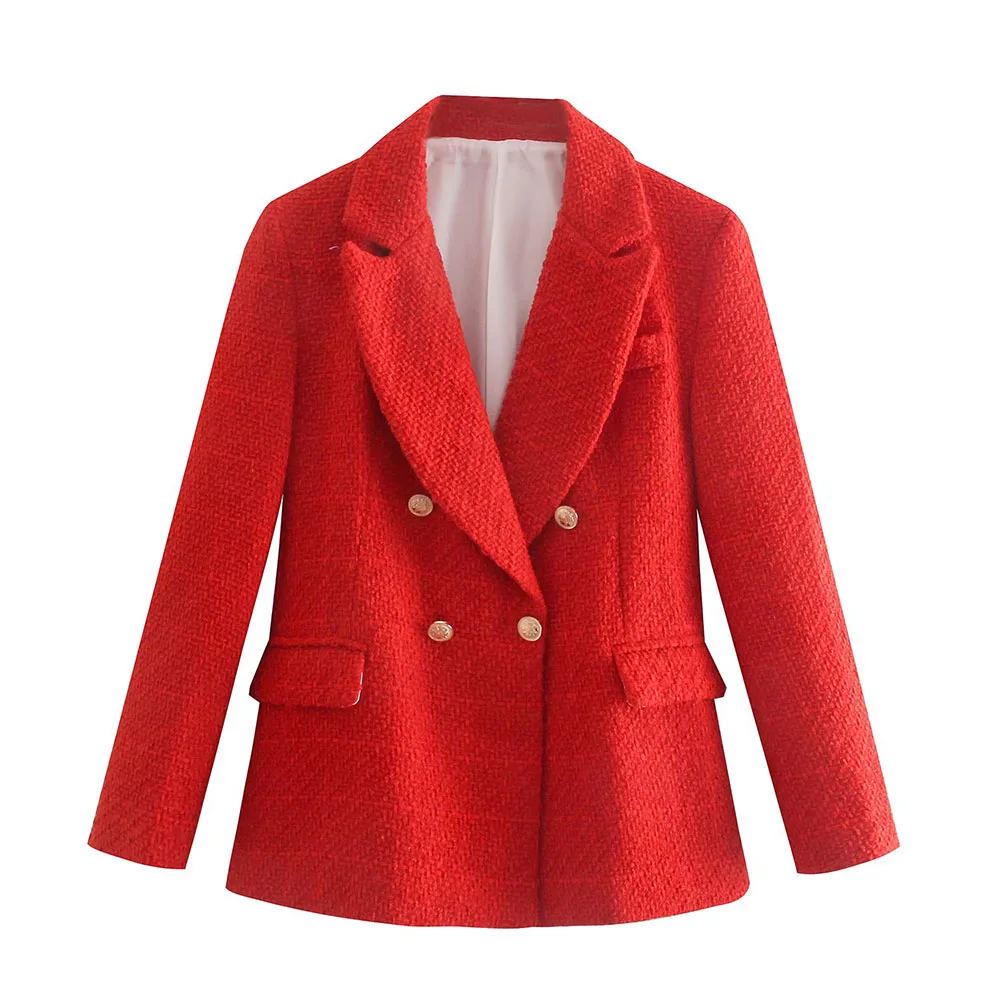 

PB&ZA Women 2022 Spring New Fashion Double Breasted Tweed Check Blazer Coat Vintage Long Sleeve Pockets Female Outerwear Chic