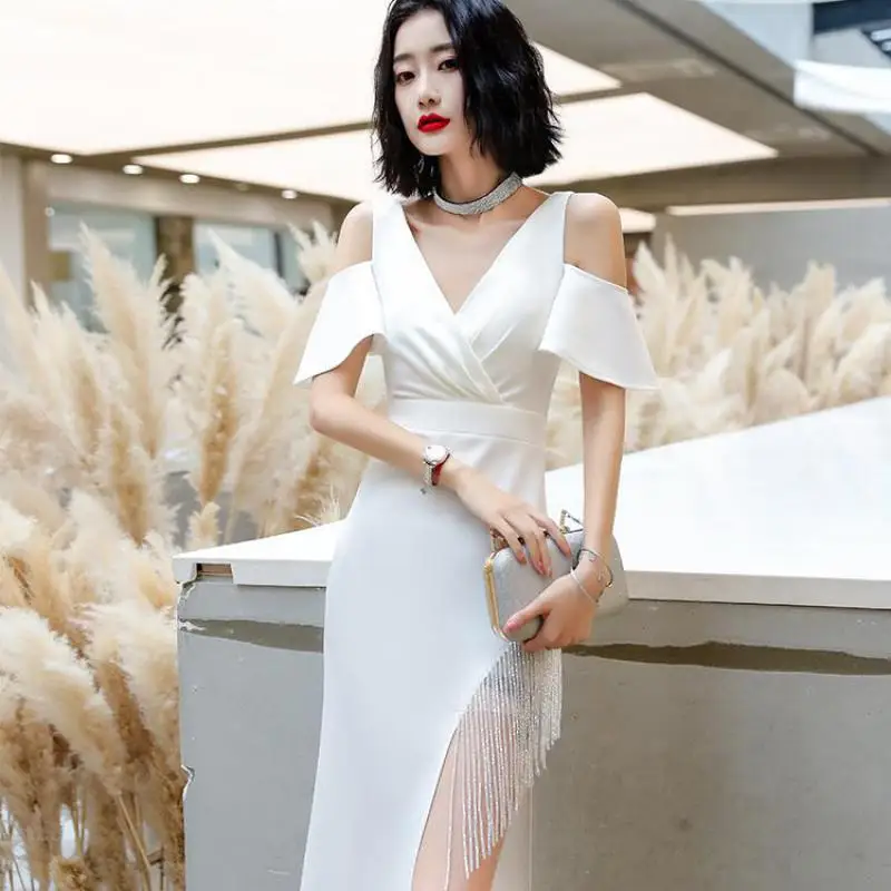 Temperament White Women Evening Party Dress Sexy V-neck Hight Split Celebrity Banquet Dress Qipao Elegant French Robe De Soiree