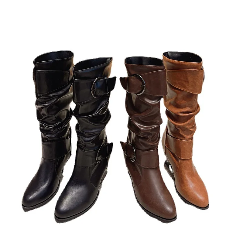 Large Size 43 Knee High Boots Women Autumn Faux Suede Buckle Fashion Spike Heels Woman Shoes Winter Zapatos De Mujer Winter