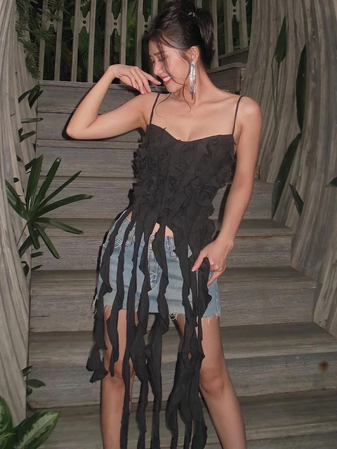 

Y2K Fashion Solid Ruffles Tassel Sleeveless Slip Sexy Irregular Cute Crop Caims Streetwear Club Outfit 2022 Fall Winter