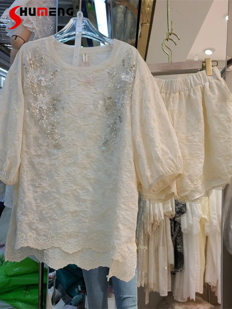 

Fashion Set Women's 2022 Summer Youthful-Looking Heavy Industry Beads Shirt Short Sleeve Blouse + Shorts Casual Two-Piece Suit