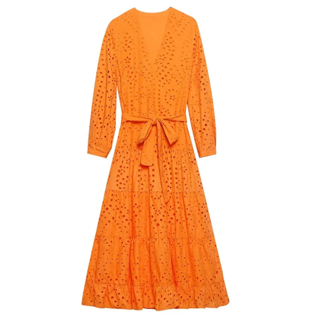 

Elmsk 2022 V-neck Sashes Orange Color Indie Folk Vintage Hollow Out Embroideried Casual Midi Dress Women