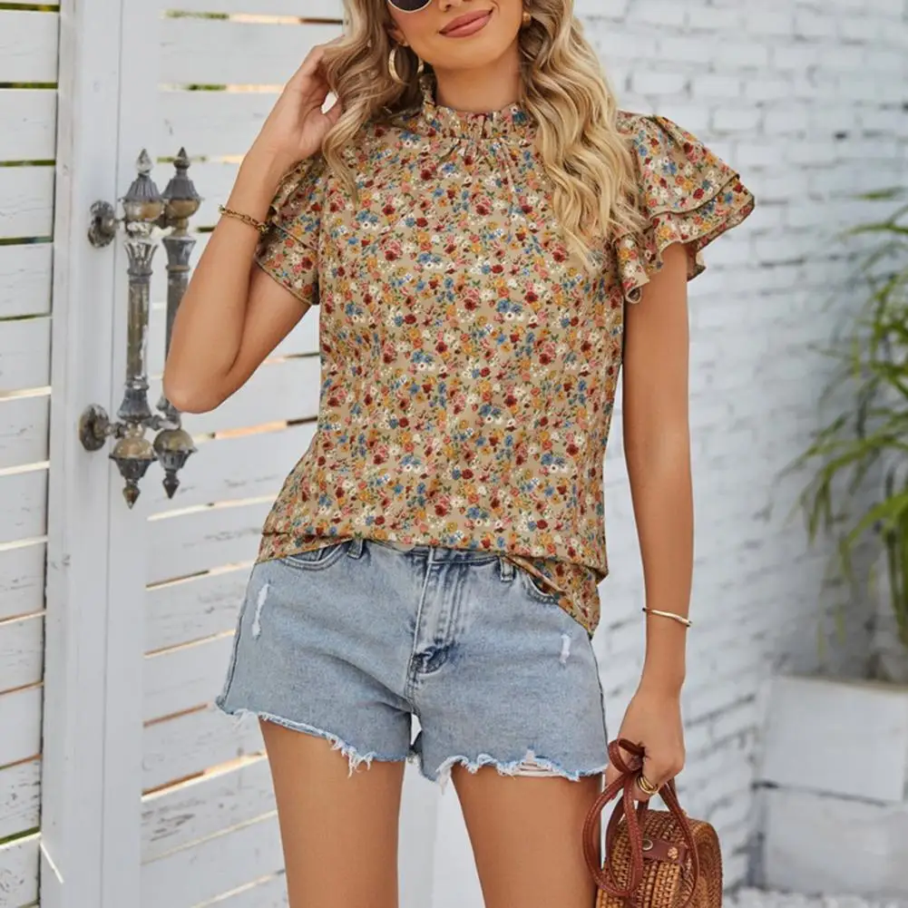 

Привлекательный женский топ, удобная женская рубашка с оборками на рукавах, летний Повседневный Свободный Топ, рубашка с цветочным принтом