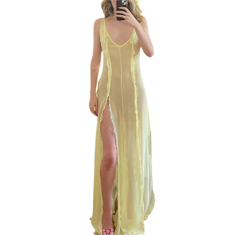 

Women Sheer Mesh Dress Sexy Ruffle Trim See Through Sleeveless Flowy Dress y2k Cover Up Dresses Summer Beachwear
