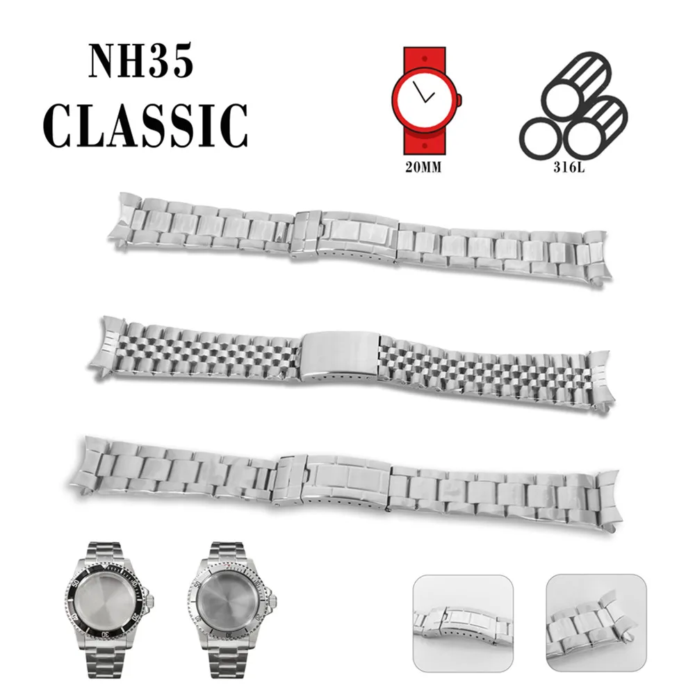 

Classic 20MM Watch Strap Medium Gloss/ Five-bead/Full Sand Stainless Steel Strap for Vintage Watch Case Retrofit Parts