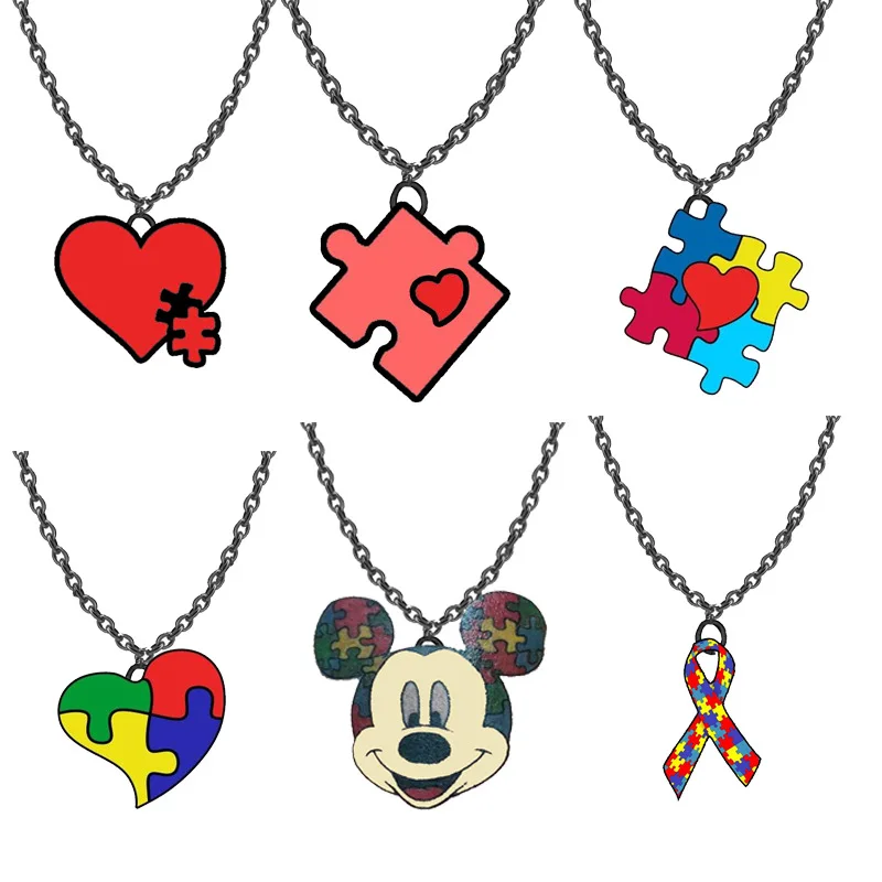 

Disney Mickey Mouse Necklace Cute Cartoon Puzzle Heart Necklace Girls Clavicle Chain Choker Necklace Collar Party Gift
