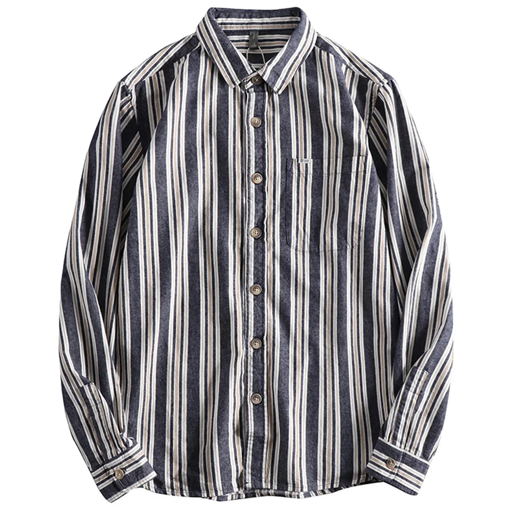 

Vintage Mens Stripe Japanese Shirt Coat Plus Size Korean Fashion Print Business Tee Shirts Long Sleeve Overshirts Free Shipping