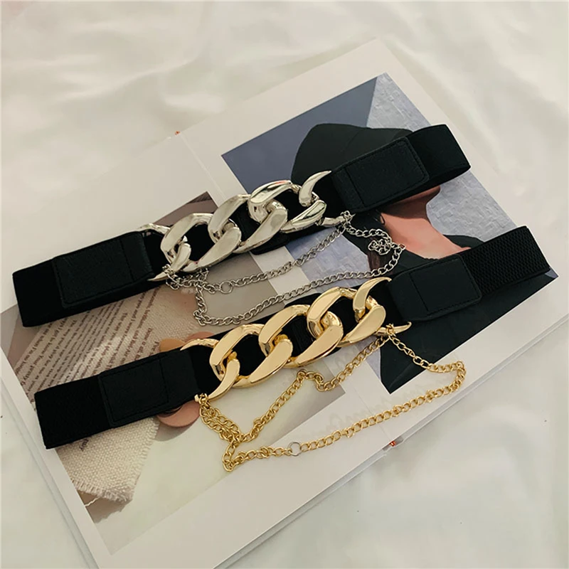 

Gold Chain Belt Elastic Silver Metal Waist Belts For Women High Quality Stretch Ladies Coat Ketting Riem Waistband Luxury Brand