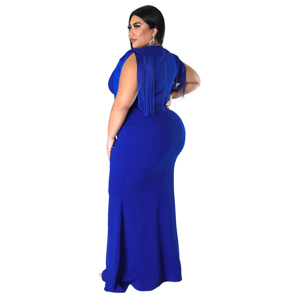 Women's Plus Size Dress Spring And Summer Temperament Commuter Solid V-neck Tassels Fashion Sexy Party Temperament Dress