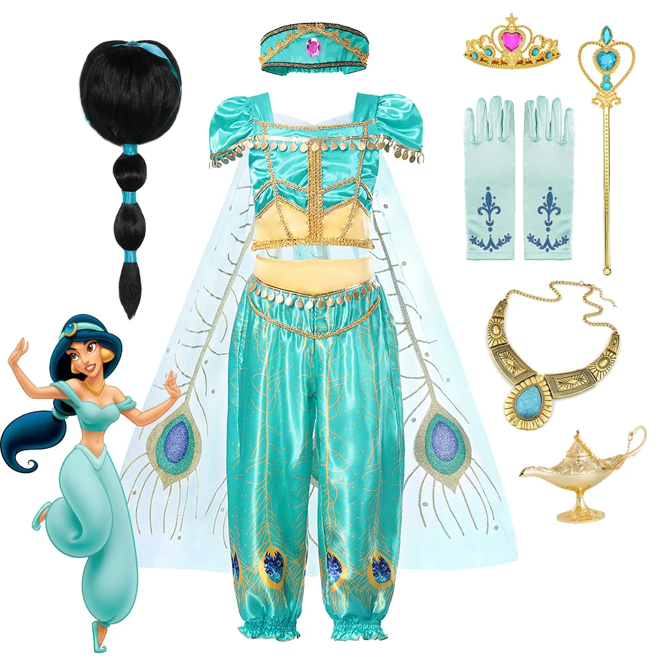 

Princess Jasmine Dress For Girls Halloween Cosplay Party Fantasy Costumes Headband+ Top +Pants 3pcs Set With Cape Kids Clothes