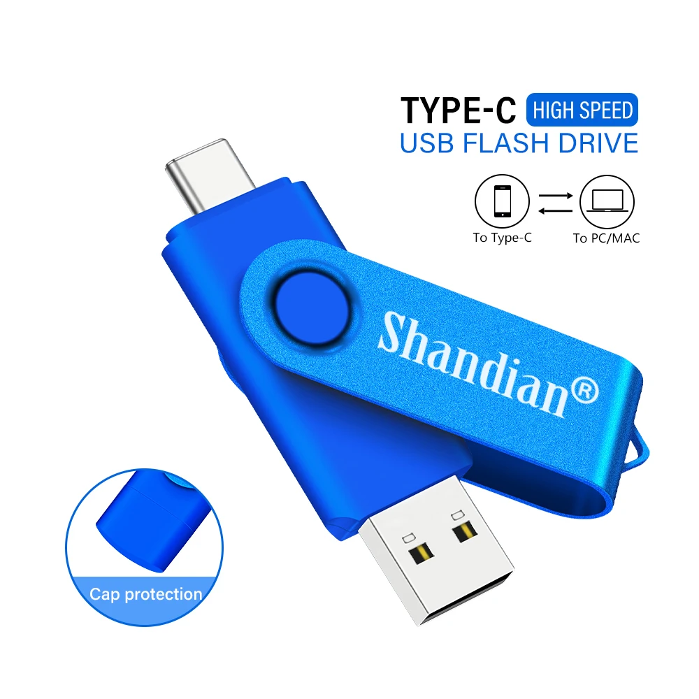 TYPE-C USB Flash Drive 64GB High Speed Pen Drive 32GB Rotatable Memory Stick Free Custom Logo Blue Pendrive for Mobile Phone