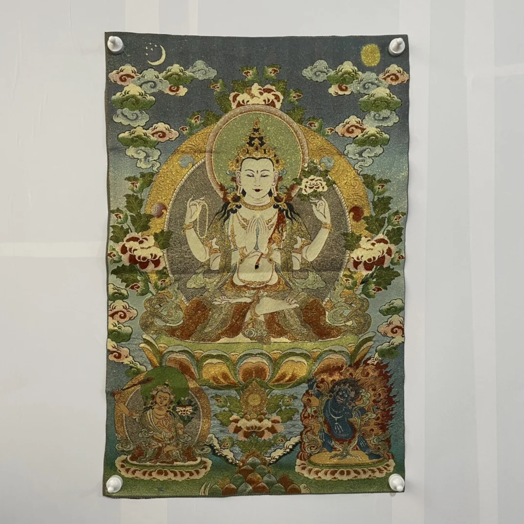 

35" Thangka embroidery Tibetan Buddhism silk embroidery Four-armed Guanyin worship buddha Thangka hanging screen Town house