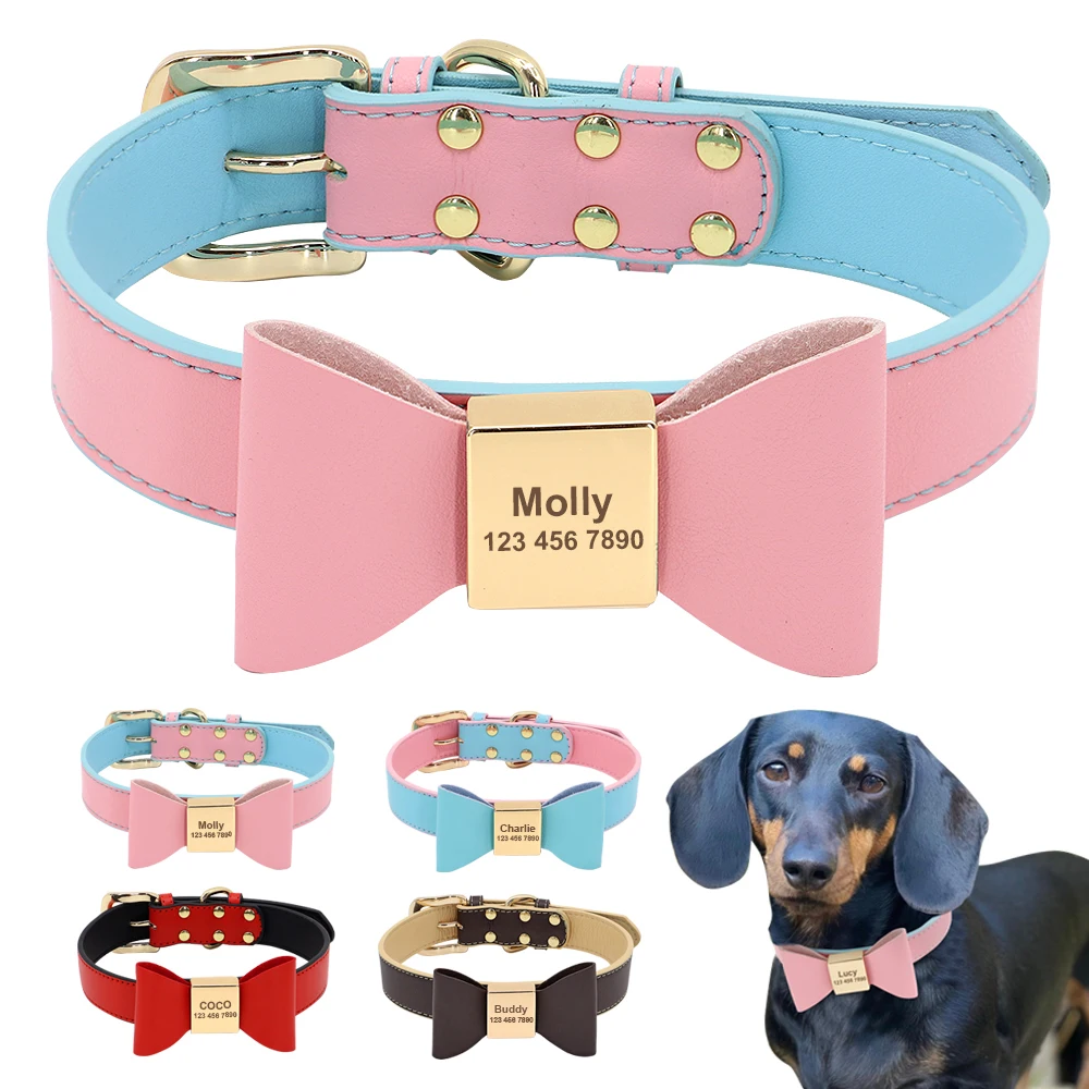 

Personalized Dog Collar Customized Leather Pet ID Name Collar With Bowknot Free Engraved For Small Medium Dogs Cats Pet Supplies