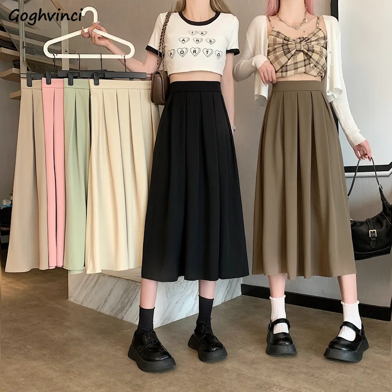 

Pleated Skirts Women Mid-calf Length Faldas Long Fashion Preppy Style Ulzzang Solid High Waist Casual Students New Arrival Mujer