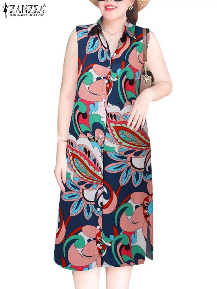 Летняя богемная Женская Повседневная рубашка ZANZEA Модный женский сарафан без