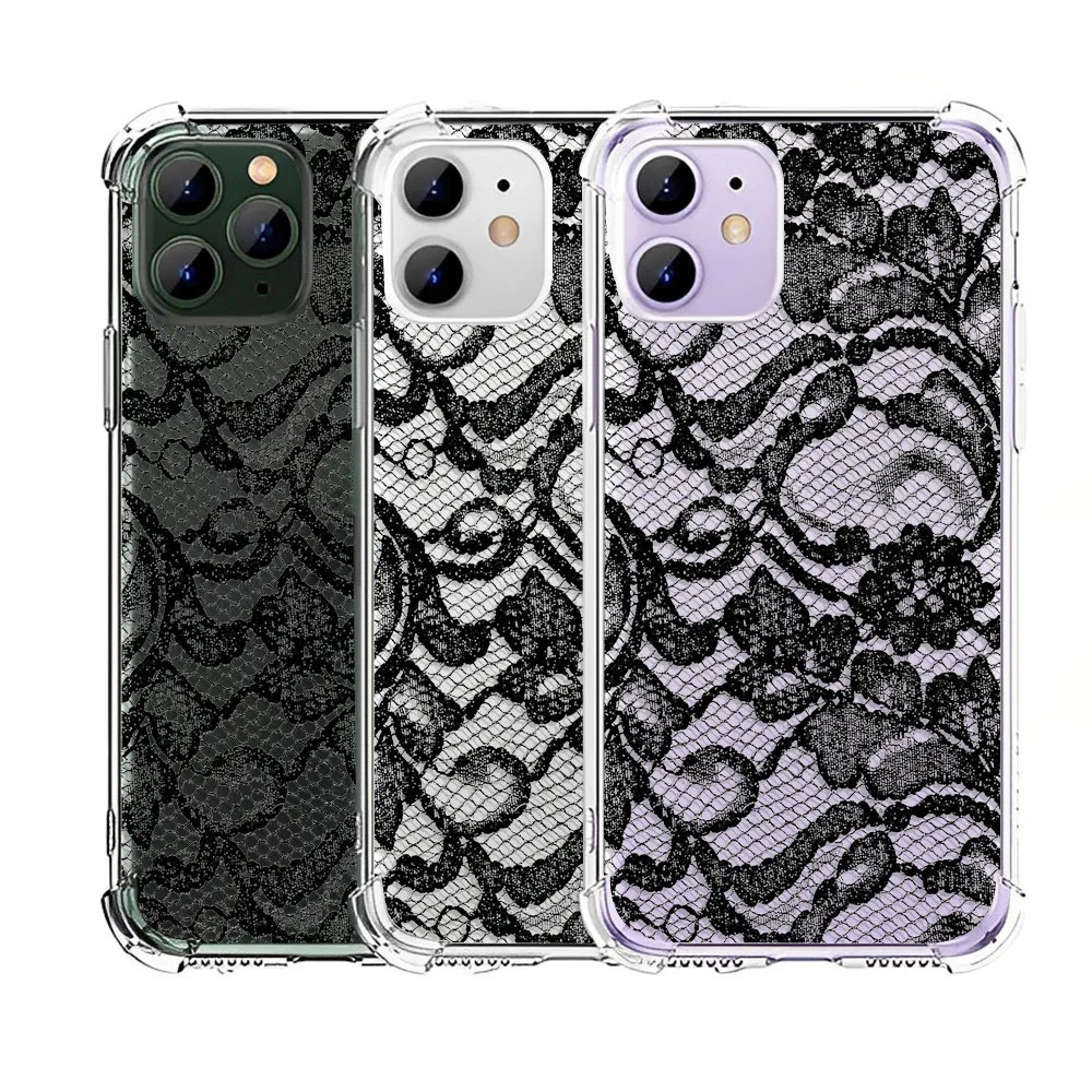Чехол для телефона с черным кружевом для iPhone 15 14 13 12 11 Pro X XS XR Max 7 8 Plus SE 2 3 Mini, Мягкий Прозрачный ударопрочный чехол из ТПУ (art.: 3920c480fa255) - 3920c480fa255