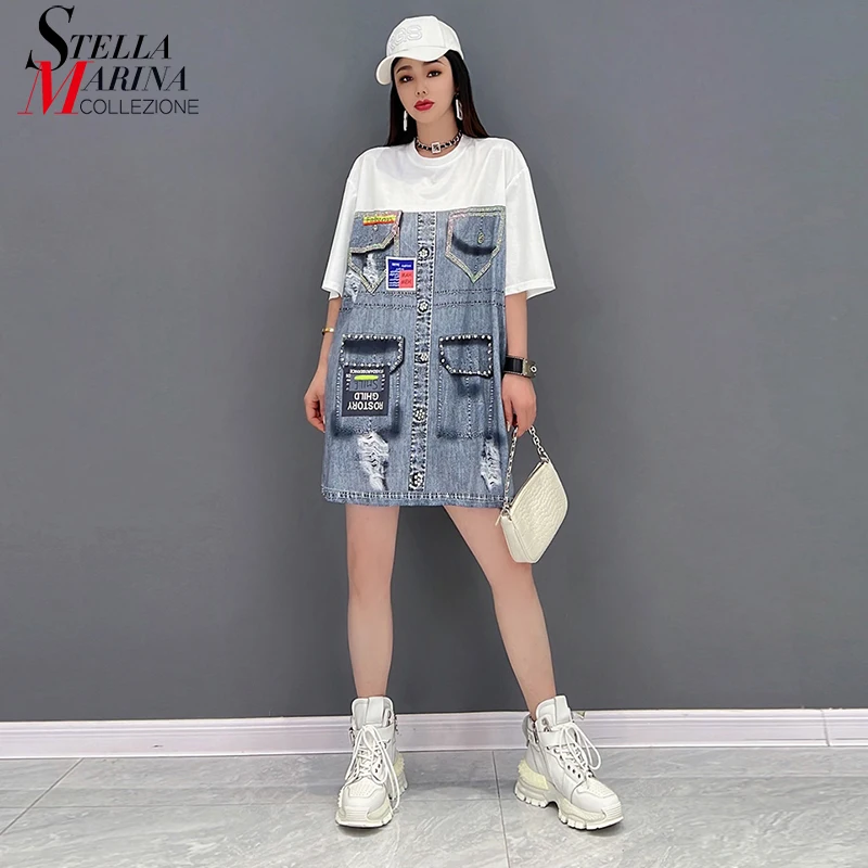 

New Korean Style Unique Streetwear Woman Summer Casual Denim Patchwork Long Tee Top Hipster Holiday Loose Fit T-shirt APP073