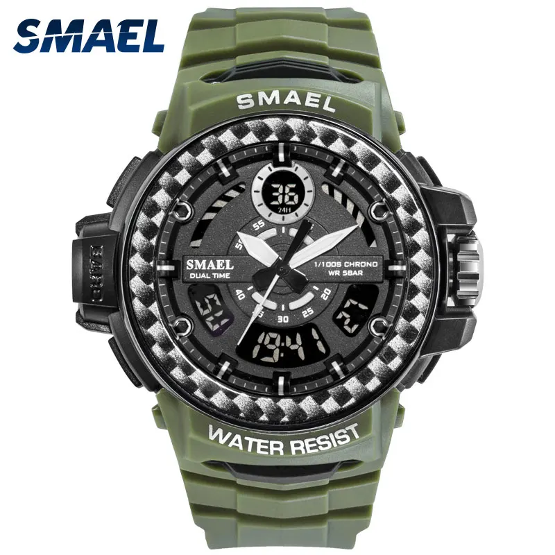 

Men Watches 2019 Luxury Brand Smael Digital Wristwatches Men Clock Army Green Waterproof Dual Time 8014 Sport Watches Military