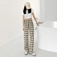 sweet plaid pants spring and summer womens loose cotton elastic elastic waist slim fit drop casual plaid mopping wide leg pants
